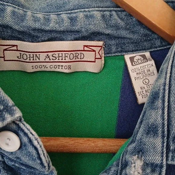 Vintage John Ashford Striped Rugby Long Sleeve Polo Multicolor Shirt - Picture 2 of 4